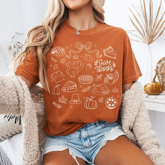 Thanksgiving Doodle T-Shirt – Comfort Colors Fall Tee with Give Thanks Design
