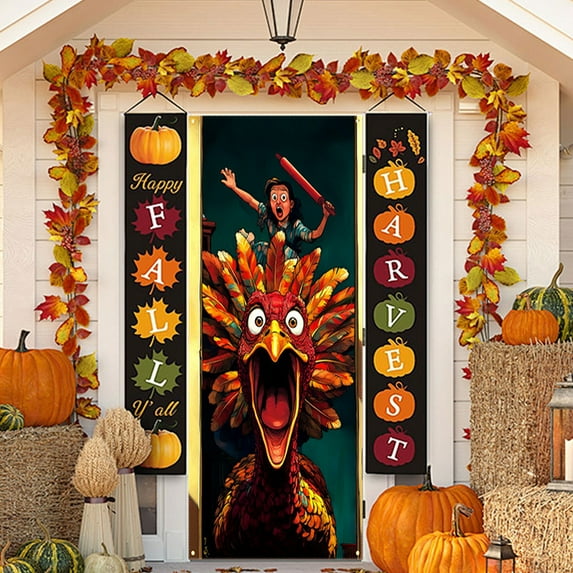 Taicans Thanksgiving Door Cover - 35.43in×70.87in,Funny Turkey & Granny Design,Removable Vinyl,Waterproof,Reusable,Holiday Decor,Easy Install,Perfect for Home/Party