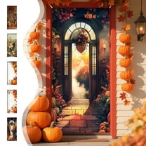 Thanksgiving Door Cover 35X79 Inch Fall Door Cover Decorations Thanksgiving Maple Leaves Pumpkin Banner Photo Background for Thanksgiving Autumn Harvest Holiday Party Decorations