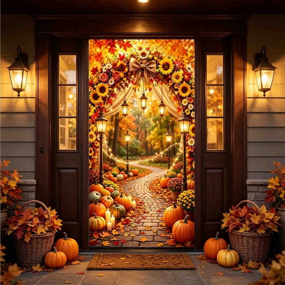 Thanksgiving Door Cover 35x71 inch, Fall Door Curtain, Autumn Pumpkin Harvest Banner for Indoor Outdoor Decor Photo Booth Props
