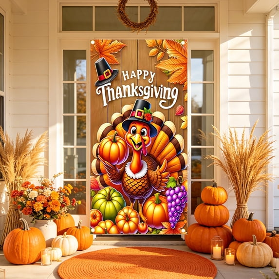 Thanksgiving Door Cover,70"x35" Fall Harvest Front Door Banner Backdrop for Indoor Outdoor Porch Entryway Farmhouse Holiday Party Home Decor