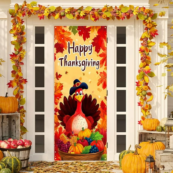 Thanksgiving Door Cover Decorations 35 X 71 Inch Fall Harvest Turkey Door Cover Hanging Funny Door Banner Party Backdrop Decorations for Thanksgiving Indoor Outdoor Party Decorations