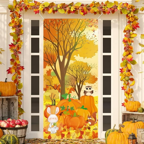 Thanksgiving Door Cover, Hanging Turkey Pattern Decor for Indoor Outdoor Entryway, Polyester Festival Party Door Decoration(L)
