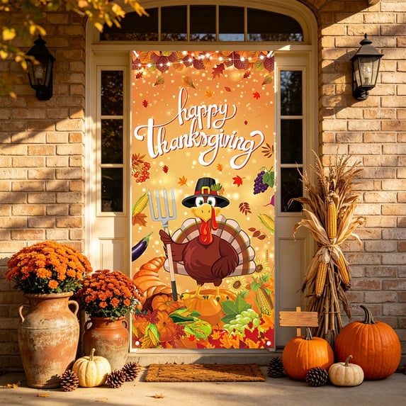 Thanksgiving Door Curtain Banner Front Door Decoration Hanging Cloth Polyester Fabric Indoor Outdoor Party Decor Prop for Festive Welcome