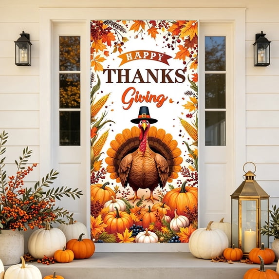 Thanksgiving Door Curtain Hanging Banner Polyester Fabric Front Door Decor Indoor Outdoor Party Decoration Prop Festive Welcome Sign