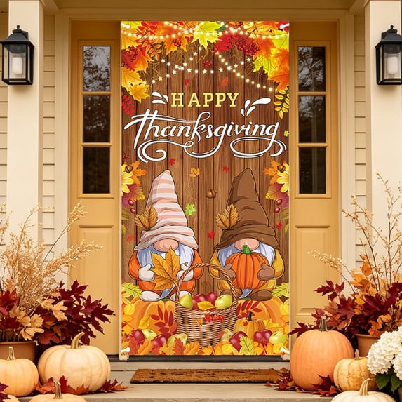 Thanksgiving Door Curtain Hanging Banner Polyester Fabric Front Door Decor Indoor Outdoor Party Decoration Prop Festive Welcome Sign