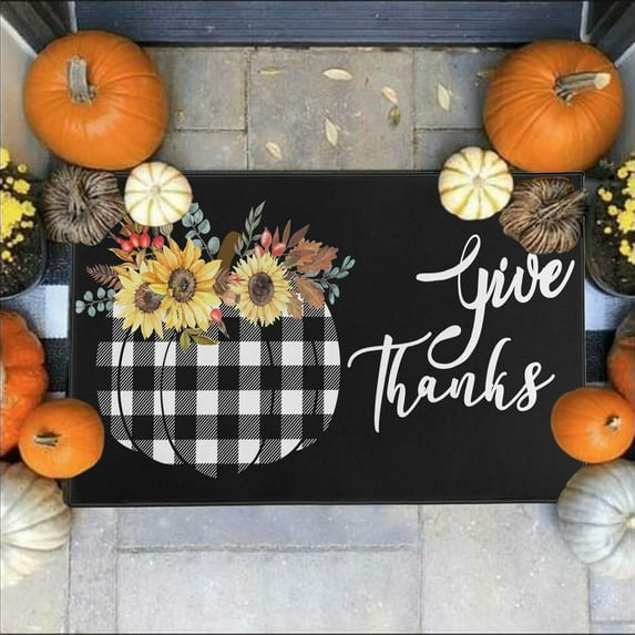 Thanksgiving Door Mat Outdoor 30x17inch, Anti-Slip Doormat, Sunflower Pumpkin Black and White Plaid Thanksgiving Fall Decorations for Yard, Entryway, Farmhouse, Patio, Front Porch Indoor Decor