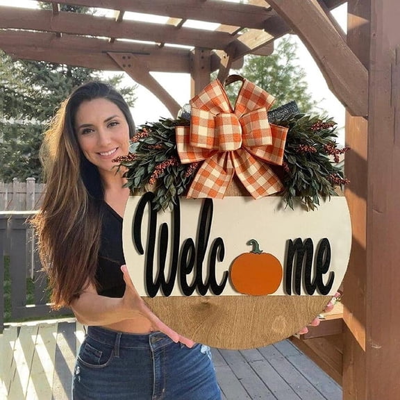 Thanksgiving Door Sign Fall Welcome Sign Autumn Pumpkin Wood Door Sign Rustic Round Welcome Door Hanging Sign for Fall Thanksgiving Harvest Front Door Porch Wall Home Indoor Outdoor Decor, 12 Inch