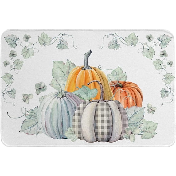 Thanksgiving Doormat Indoor Outdoor Absorbent Floor Mats, Rustic Fall Pumpkin Teal Maple Leaves Doormat Non-Slip Entrance Front Door Rug Kitchen Bathroom Entryway Rugs 16x24 Inch
