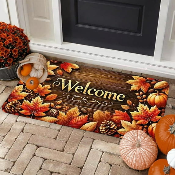 Thanksgiving Doormat, Welcome Fall Non-Slip Entry Mat with Pumpkin Maple Leaf Design for Front Door Home Decor(E-S)
