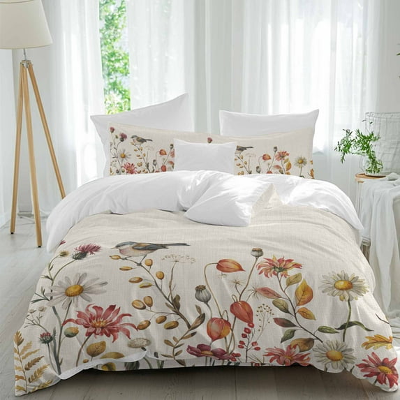 Thanksgiving Duvet Cover Set Queen Size, Fall Plants Bird 4 Piece Soft Microfiber Bedding Set with 1 Duvet Cover, 1 Flat Sheet, 2 Pillowcases