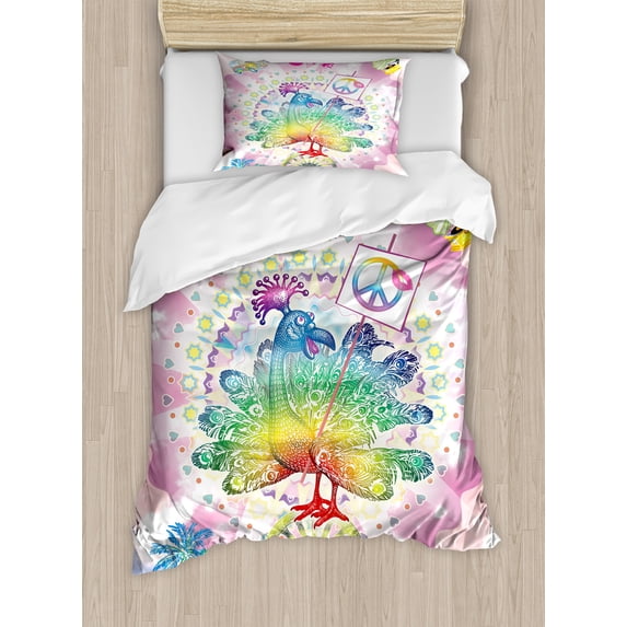 Thanksgiving Duvet Cover Set, Tropical Hippie Turkey Love Lettering Sunshine Hearts Beachy 60s Peace Vintage, Decorative 2 Piece Bedding Set with 1 Pillow Shams, Twin Size, Multicolor, by Ambesonne