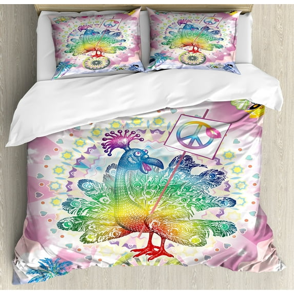 Thanksgiving Duvet Cover Set, Tropical Hippie Turkey Love Lettering Sunshine Hearts Beachy 60s Peace Vintage, Decorative 3 Piece Bedding Set with 2 Pillow Shams, King Size, Multicolor, by Ambesonne