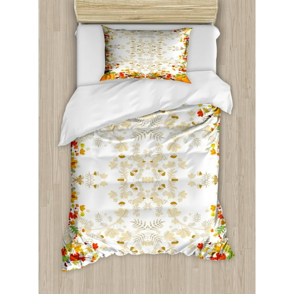 Thanksgiving Duvet Cover Set Twin Size, Fall Colors Ladybug Maple Leaf Woods Pine Nuts Berries Design Pattern, Decorative 2 Piece Bedding Set with 1 Pillow Sham, WhiteYellow Orange, by Ambesonne