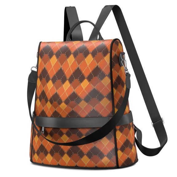 Thanksgiving Earth Tone Argyle Pattern Fashion Backpack, Fashion Handbag Backpack with Side Bottle Pockets & Convertible Strap, Multi Pockets Gifts for Birthday Christmas Thanksgiving