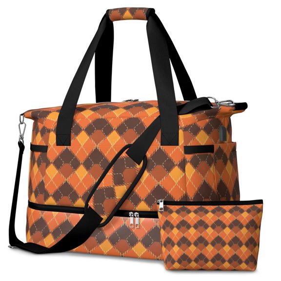 Thanksgiving Earth Tone Argyle Pattern Gym Duffel Bag 2 Piece Set, Carry on Luggage with Shoe Compartment & Toiletry Bag, USB Charging Port Gifts for Birthday Christmas Thanksgiving