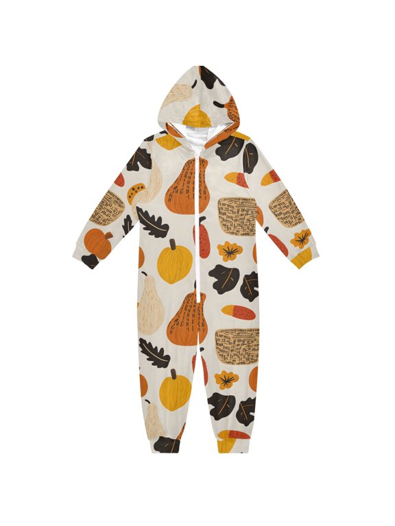 Thanksgiving Elements Design One Piece Pajamas Soft Jumpsuit Cozy Sleep and Play Romper Zipper and Pockets 13-14Y