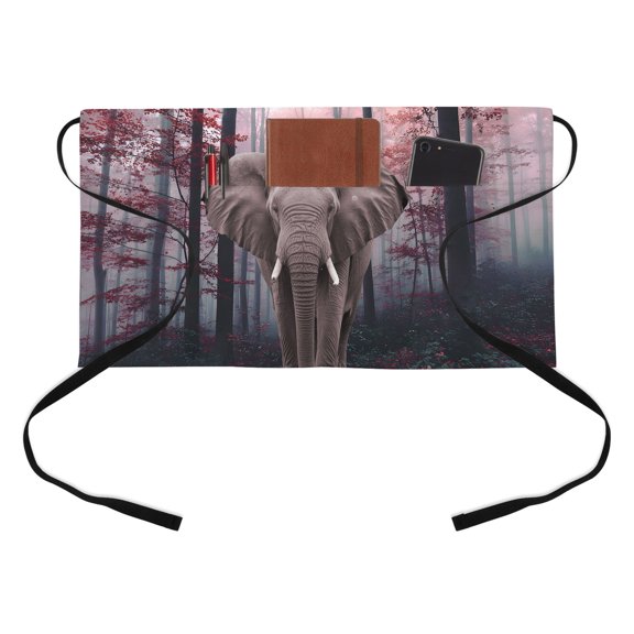 Thanksgiving Elephant Forest Kitchen Restaurant Half Waist Apron, Autumn Elephants Red Tree Leaf Flower Server Short Apron with 3 Pockets Waterproof Oil Waist Aprons for Women Waitress Waiter