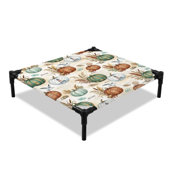 Thanksgiving Elevated Dog Bed, Nautical Pumpkin Lighthouse Pumpkin Shell Coral Seagull Cooling Breathable Outdoor Raised Dog Cot Bed with Metal Frame Non-Slip Feet for Small Dog 20x20in