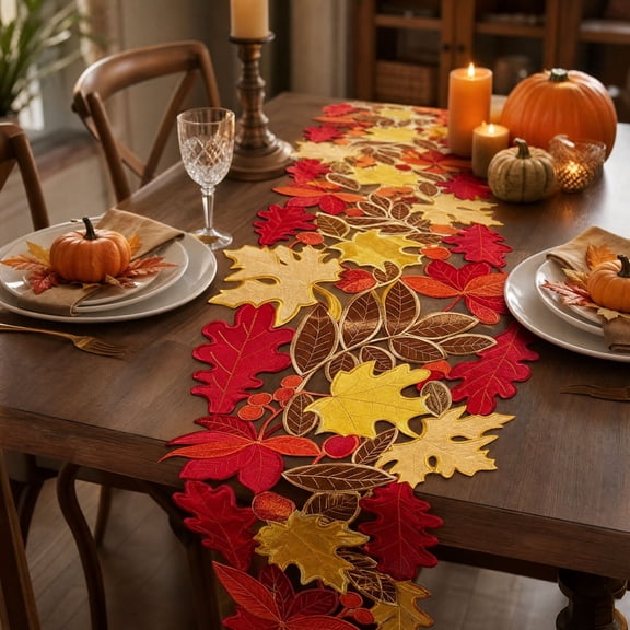 Thanksgiving Embroidered Maple Leaf Table Runner with Hollowed-Out Design for Fall Decor and Holiday Dining
