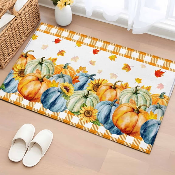 Thanksgiving Entryway Rug 2'x3' Non Slip Front Door Mats, Fall Orange Blue Pumpkin Maple Leaves Plaid Entrance Rugs Indoor Outdoor Carpet, Washable Floor Mats Small Area Rug for Bedroom Kitchen