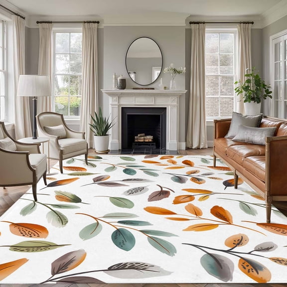 Thanksgiving Eucalyptus Area Rugs 8'x10', Washable Small Throw Rugs for Living Room Patio, Fall Leaves Autumn Rustic Plants Indoor Outdoor Rug Non-Slip Low Pile Carpet Runner Reversible Floor Mats