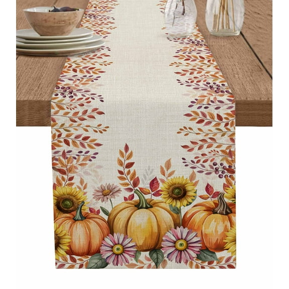 Thanksgiving Eucalyptus Burlap Cotton Table Runner 13x90 Inches Long, Fall Pumpkins Sunflowers Retro Farmhouse Table Runners, Outdoor Dining Tablecloths Decor for Baby Shower/Party/Wedding