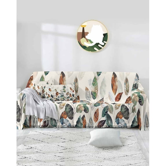 Thanksgiving Eucalyptus Sofa Covers for 3 Cushion,Washable Couch Cover for Sectional Sofa Slipcovers with Tassel,Blue Green Yellow Fall Leaves Loveseat Covers Futon Cover Throw Blanket 71''x118''