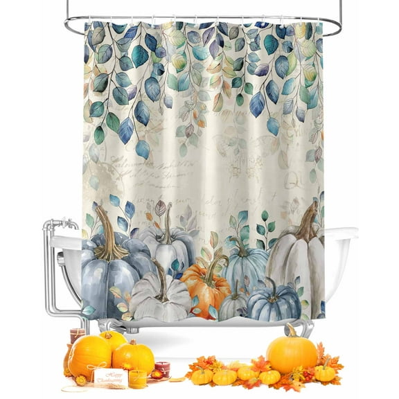 Thanksgiving Eucalytus Pumpkin Shower Curtain,Blue Orange White Fall Leaves Waterproof Washable Shower Curtains Set for Bathroom Bathtubs Decor with Hook,72"Wx72"L