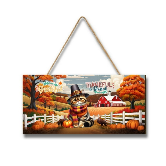 Thanksgiving Exotic Shorthair Pilgrim Grateful, Thankful, Blessed Fall Welcome Landscape Wood Sign Cat Lover Kitten Owner Gifts Hanging Wall Home Decor - 00021