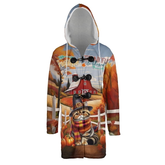 Thanksgiving Exotic Shorthair Pilgrim Grateful, Thankful, Blessed Fall Welcome All Over Print 3D Hooded Duffle Toggle Coat Cat Lover Kitten Owner Gifts - 00021