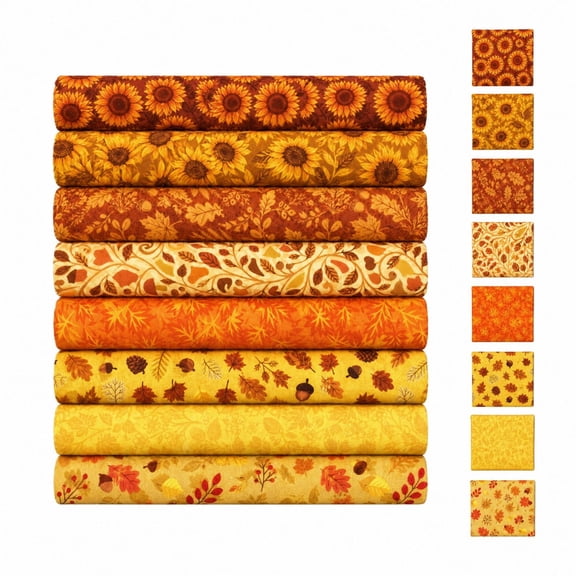 Thanksgiving Fabric Squares, 8 Pcs Precut Fall Fabric Bundles, Warm Maple Sunflower Printed Quilting Fabric For Beginner Sewing & Craft Making