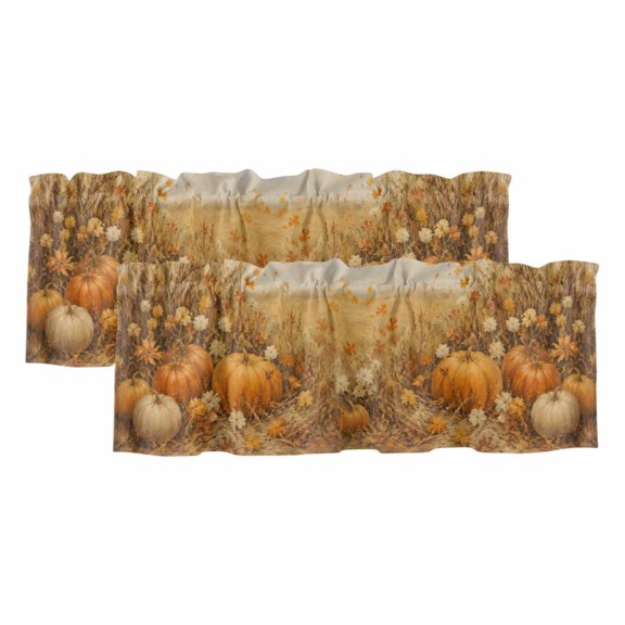 Thanksgiving Fall 2 Panels Kitchen Valance, Rustic Orange White Pumpkin Meadow Grass Floral Curtains Valances for Small Windows Rod Pocket Window Treatments for Living Room Bedroom 42"W x 12"L