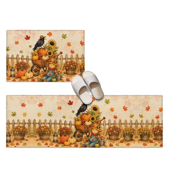 Thanksgiving Fall 2 Pieces Non-Slip Kitchen Mat Set, Rustic Yellow Hay Man Crow Pumpkin Sunflower Soft Door Mat with Rubber Backing, Dirtproof Rugs for Entrance Doorway, 23.6x35.4in+23.6x70.9in
