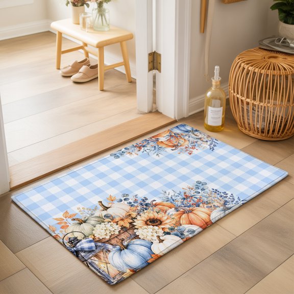 Thanksgiving Fall 2'x3' Small Rugs for Entryway Front Door Kitchen Sink Area, Orange White Green Blue Pumpkin Blue Gingham Soft Sturdy Mats Washable Non Slip Rectangle Area Rug