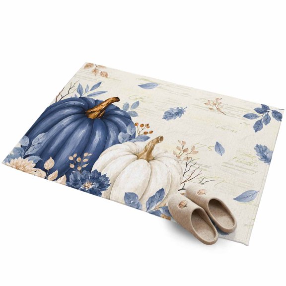 Thanksgiving Fall 2'x3' Small Rugs for Entryway Front Door Kitchen Sink Area, Rustic Blue White Pumpkin Leaf Script Letter Soft Sturdy Mats Washable Non Slip Rectangle Area Rug