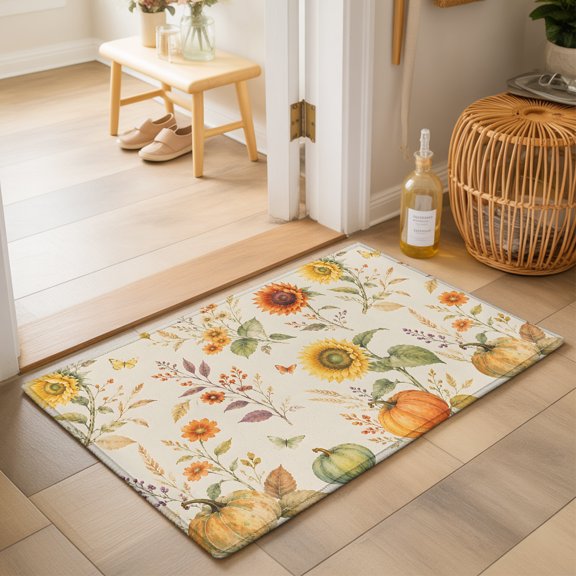 Thanksgiving Fall 2'x3' Small Rugs for Entryway Front Door Kitchen Sink Area, Rustic Orange Green Pumpkin Sunflower Leaf Soft Sturdy Mats Washable Non Slip Rectangle Area Rug