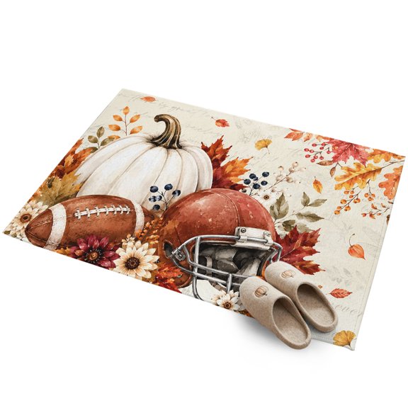 Thanksgiving Fall 2'x3' Small Rugs for Entryway Front Door Kitchen Sink Area, White Pumpkin Football Helmet Script Background Soft Sturdy Mats Washable Non Slip Rectangle Area Rug