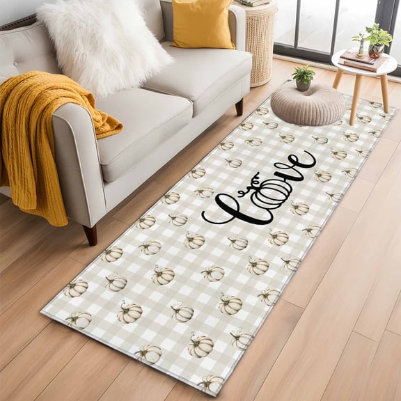 Thanksgiving Fall 2'x6' Runner Rugs for Hallway Kitchen Bedside Non Slip Washable, Autumn White Pumpkin Plaid Gingham Entryway Rug Runners with Rubber Backing, Long Carpet Runner for Laundry Room