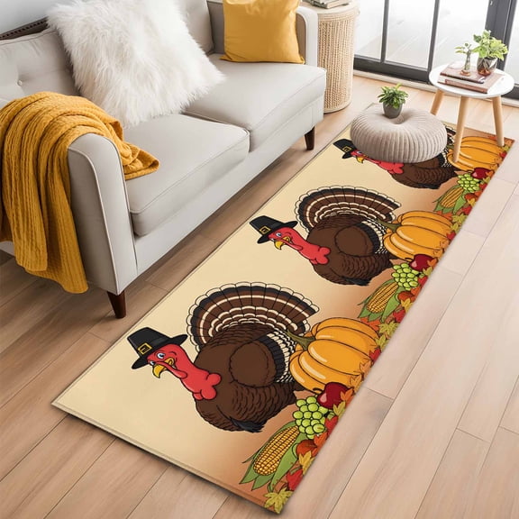 Thanksgiving Fall 2'x6' Runner Rugs for Hallway Kitchen Bedside Non Slip Washable, Orange Pumpkin Turkey Maple Leaf Entryway Rug Runners with Rubber Backing, Long Carpet Runner for Laundry Room