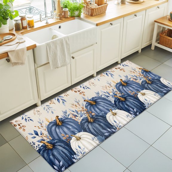 Thanksgiving Fall 2'x6' Runner Rugs for Hallway Walkway Kitchen Galley, Rustic Farmhouse Navy White Pumpkin Linen Texture Soft Sturdy Washable Mats Non Slip Long Corridor Area Rug