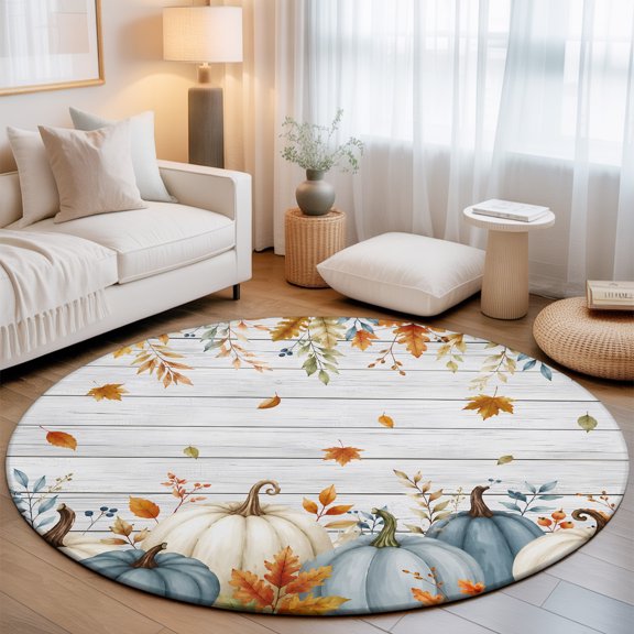 Thanksgiving Fall 3.3' Round Washable Rugs for Bedside Reading Corner, Teal Cream Pumpkin Maple Leaf Country Wood Grain Stain Proof Non Slip Circle Area Rug for Entryway Front door