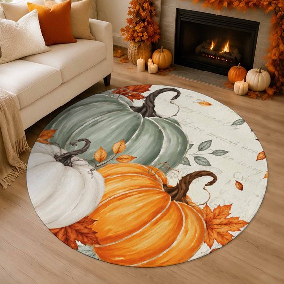 Thanksgiving Fall 3' Round Rug for Bathroom Accent Bedside Corner, Green Orange Beige Pumpkins Maple Leaf Beige Washable Non Slip Soft Circle Area Rug for Small Spaces Entryway