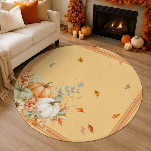 Thanksgiving Fall 3' Round Rug for Bathroom Accent Bedside Corner, Orange White Green Pumpkin Leaf Stripe Border Washable Non Slip Soft Circle Area Rug for Small Spaces Entryway