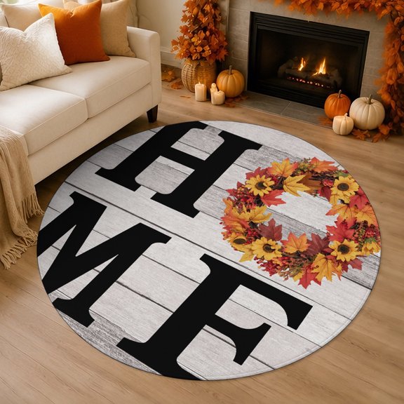 Thanksgiving Fall 3' Round Rug for Bathroom Accent Bedside Corner, Pumpkin Maple Leaf HOME Washable Non Slip Soft Circle Area Rug for Small Spaces Entryway