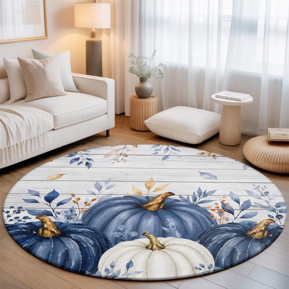 Thanksgiving Fall 3' Round Rug for Bathroom Accent Bedside Corner, Rustic Farmhouse Blue White Pumpkin Wood Grain Washable Non Slip Soft Circle Area Rug for Small Spaces Entryway
