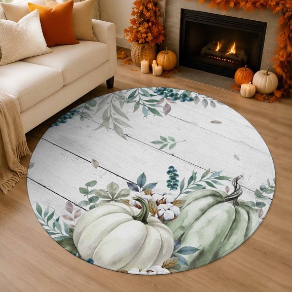 Thanksgiving Fall 3' Round Rug for Bathroom Accent Bedside Corner, Rustic Green White Pumpkin Cotton Wood Grain Washable Non Slip Soft Circle Area Rug for Small Spaces Entryway