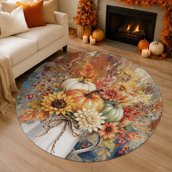 Thanksgiving Fall 3' Round Rug for Bathroom Accent Bedside Corner, Rustic Orange Pumpkin Pitcher Oil Painting Washable Non Slip Soft Circle Area Rug for Small Spaces Entryway