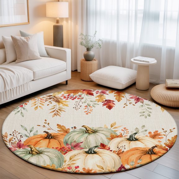 Thanksgiving Fall 3' Round Rug for Bathroom Accent Bedside Corner, Rustic Pumpkin Orange Maple Leaves Linen Texture Washable Non Slip Soft Circle Area Rug for Small Spaces Entryway