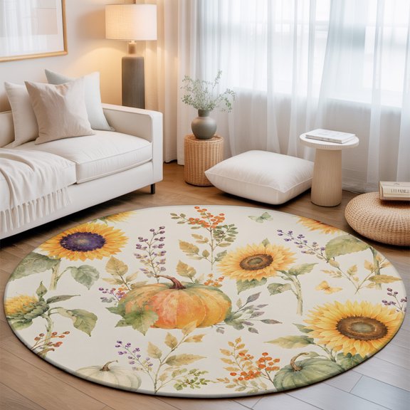 Thanksgiving Fall 3' Round Rug for Bathroom Accent Bedside Corner, Rustic Sunflower Orange Green Pumpkin Leaf Washable Non Slip Soft Circle Area Rug for Small Spaces Entryway